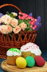 baking cake with icing glaze bread with eggs in a basket colored