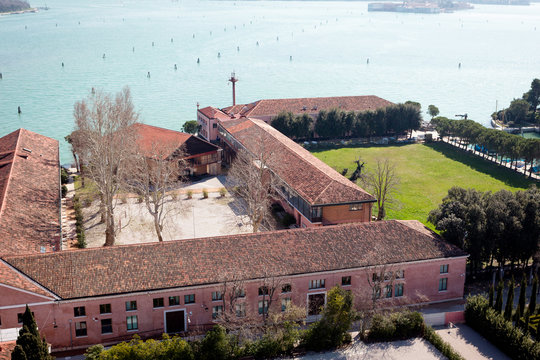 Venice, Italy. Aerial view over Church of San Giorgio Maggiore, Labyrinth Borges and Cultural center Fondazione Giorgio Cini. Venice, Italy. Early spring.