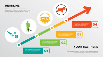 implement, inflammation, bulldog growing horizontal presentation design template in green, red and yellow, grow up business infographics with icons