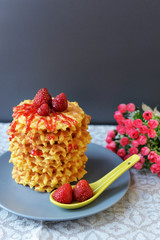 tasty food sweet waffles with strawberries