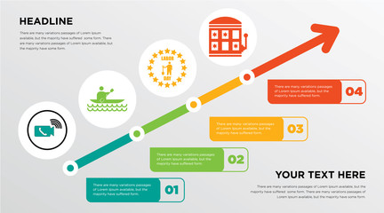 video call, kayak, labor day, slot machine growing horizontal presentation design template in green, red and yellow, grow up business infographics with icons