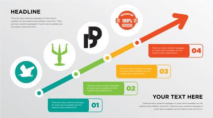 heron, psi, double d, 100% satisfaction growing horizontal presentation design template in green, red and yellow, grow up business infographics with icons