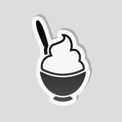 ice cream or porridge in bowl icon. Sticker style with white border and simple shadow on gray background