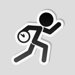 Running man with clock. Simple icon. To be late. An unpleasant situation. Sticker style with white border and simple shadow on gray background