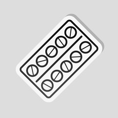 Pack Pills Icon. Sticker style with white border and simple shadow on gray background