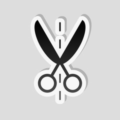 Scissor icon. Sticker style with white border and simple shadow on gray background