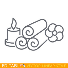 Wellness, spa, flower, candles, towels. Editable stroke sketch icon. Stock vector illustration.