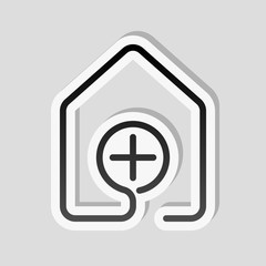 house with medical cross icon. line style. Sticker style with white border and simple shadow on gray background