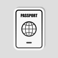 passport, simple icon. Sticker style with white border and simple shadow on gray background
