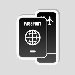 passport, boarding pass. air travel concept. Sticker style with white border and simple shadow on gray background