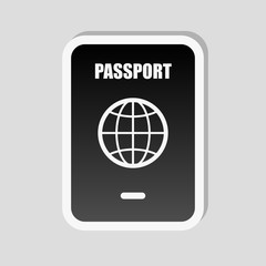 passport, simple icon. Sticker style with white border and simple shadow on gray background