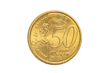 The European coin of 50 cents of euro close-up of united Europe, tail side. Isolated on white...