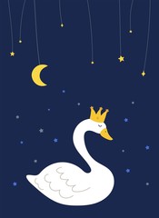 Obraz na płótnie Canvas peaceful swan starry night sky poster for kids room vector illustration