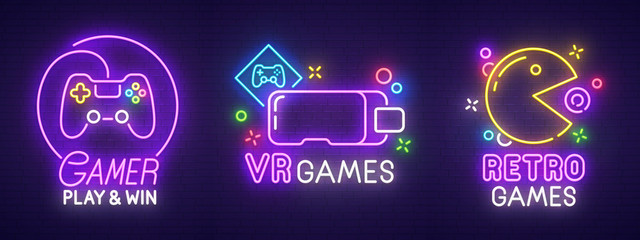 Big set neon sing. Game room label and logo. Gamer banner, logo, emblem and label. Bright signboard, light banner. Vector illustration © Vladyslav