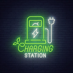 Charging Station neon sign, bright signboard, light banner. Electric Car logo, emblem and label. Vector illustration