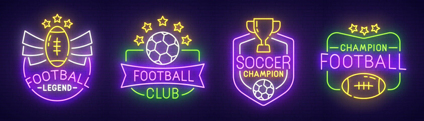 Big set neon sing. Soccer label and logo. American football banner, logo, emblem and label. Bright signboard, light banner. Vector illustration