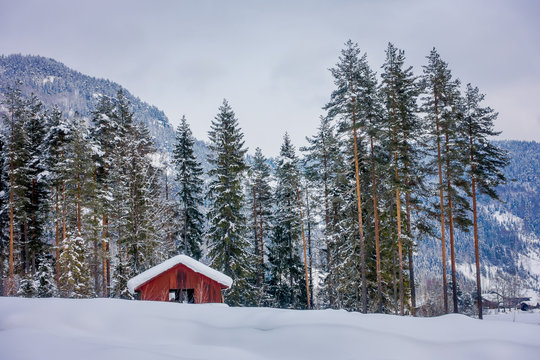 Astonishing outdoor view of traditional Norwegian mountain red houses of wood covered with snow in the roof in stunning nature background in Norway