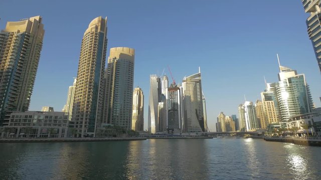 Pan right of skyscrapers in Dubai Marina