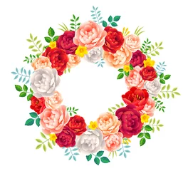 Fototapete Blumen Helle Farben rot, lila, rosa und weiße Pfingstrosen Vektor Sommerkranz auf weißem Hintergrund