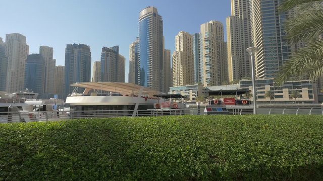 Boats moored on the waterfront in Dubai Marina 