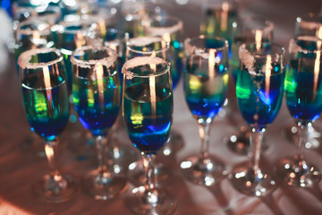 Beautiful line of different coloured cocktails on a Christmas party, tequila, martini, vodka, and others on decorated catering bouquet table