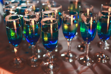 Beautiful line of different coloured cocktails on a Christmas party, tequila, martini, vodka, and others on decorated catering bouquet table