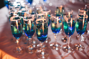 Beautiful line of different coloured cocktails on a Christmas party, tequila, martini, vodka, and others on decorated catering bouquet table