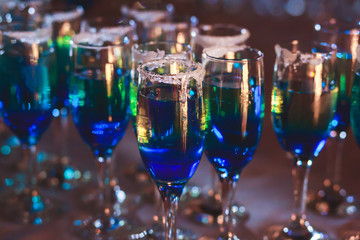 Beautiful line of different coloured cocktails on a Christmas party, tequila, martini, vodka, and others on decorated catering bouquet table