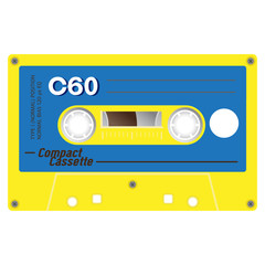 Vintage cassette illustration, simple flat design on white background.