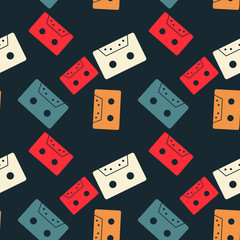Cassette tapes floating seamless pattern. Authentic design for digital and print media.