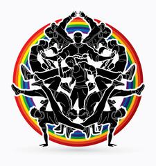Group of people dancing, Street dance action, Dance together designed on line rainbows background graphic vector 
