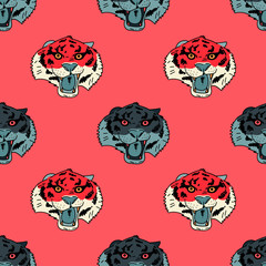 Funky tiger face seamless pattern. Original design for print or digital media.