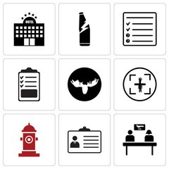 Set Of 9 simple editable icons such as travel agent, Personal details, fire hydrant, tracker, moose, specification, inquiry, broken glass, hospitality, can be used for mobile, web UI