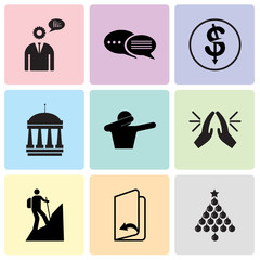 Set Of 9 simple editable icons such as christmas bulb, page turn, hiker, folded hands, dab, municipal, cost uction, discussion board, advisor, can be used for mobile, web UI
