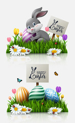 Easter greeting card with a little rabbit, colorful eggs, and flowers in the grass