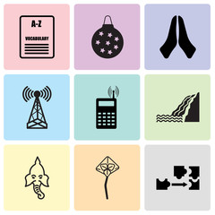 Fototapeta premium Set Of 9 simple editable icons such as adaptability, orchid, ganesh, waterfall, telecom, cell tower, folded hands, christmas bulb, vocabulary, can be used for mobile, web UI