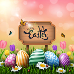 Easter greeting card with a wooden sign and colorful eggs and flowers in the grass