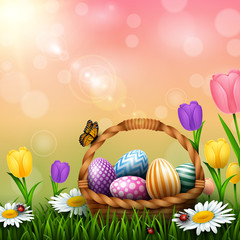 Easter greeting card with a full basket of colorful eggs and flowers in the grass