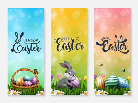 Collection of Easter banners with Easter eggs, little bunny, and basket in the grass