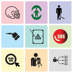Set Of 9 simple editable icons such as program management, ownership, click here, sos, snooker, pull, inflammation, good health, football helmet, can be used for mobile, web UI