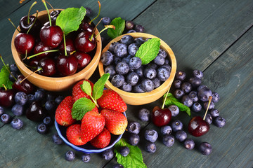 Mixed fruits berries, strawberry, cherries, blueberry.