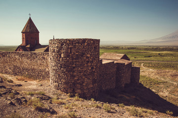 Fortified Khor Virap Monastery. Exploring Armenia. Armenian architecture. Tourism and travel concept. Religious landmark. Tourist attraction. Copy space for text. Place of worship. Religion background