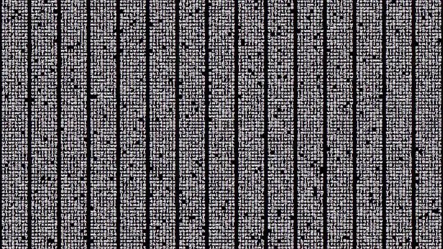 Blocks of random characters (encrypted data or source code) scrolling down on a computer screen. Fast movement, white on black.

