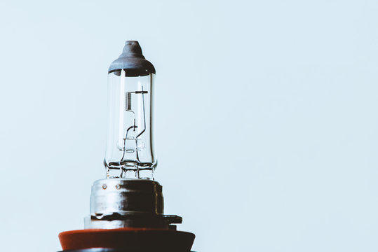 Detail image of dipped beam bulb with filament close-up on blue background with copy space.