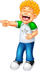 cute boy cartoon standing with laughing and poiting