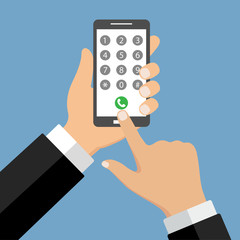 Hand holding smartphone, finger touching screen. Answer the call. Modern concept for web banners, web sites, infographics. Phone call button on smartphone screen.