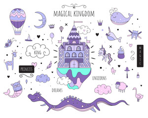 Set of vector isolated images. Magical animals. Magic castle. Purple tones + white background © Olga