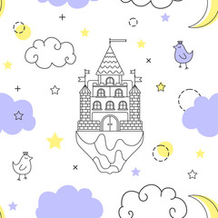 Vector seamless pattern in style of a fantasy. Flying castle in the clouds