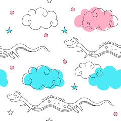 Vector seamless pattern in style of a fantasy. Flying snakes in the clouds