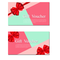 Gift Voucher beautiful colorful template with red bow ribbon. Vector illustration